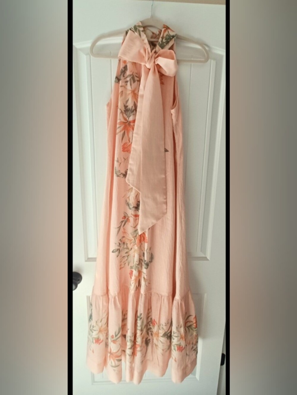 Versona Coral-Peach Floral Halter Maxi Dress with Back Bow - Picture 4 of 11